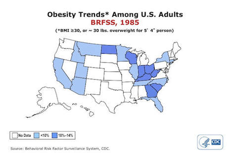 US map showing obesity trends in US adults in 1985