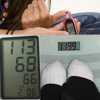 Blood sugar shows normal, blood pressure measure shows normal, weight scale shows normal. Health development is possible