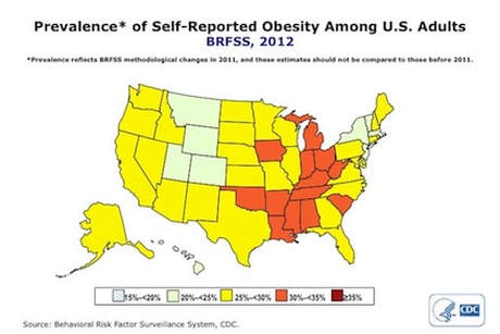US map of self reported obesity among US adults in 2012