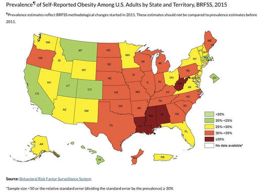 Map of US self reported obesity among US adults in 2015